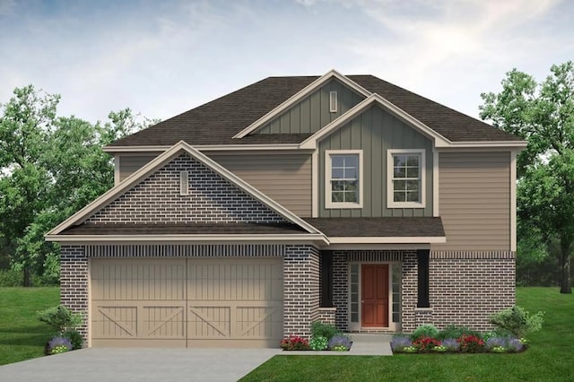 craftsman-style house featuring a garage, concrete driveway, brick siding, and board and batten siding