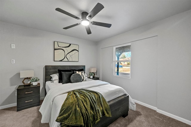 bedroom with light colored carpet and ceiling fan