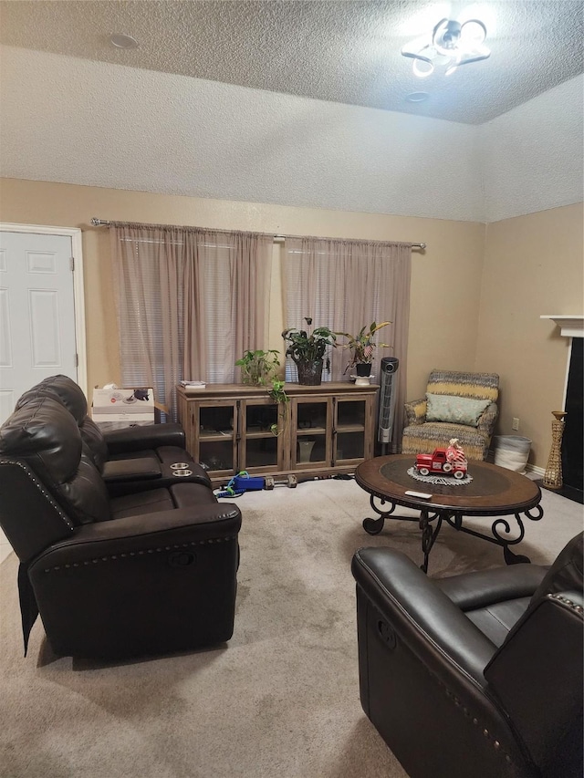 living room with a textured ceiling, lofted ceiling, and carpet floors