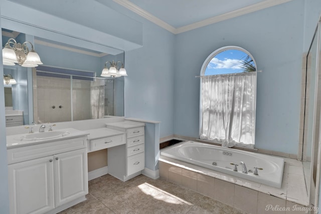 48 Turnbury Dr, Bossier City, LA 71111 - bathroom with ornamental molding, vanity, a relaxing tiled tub, and tile patterned floors