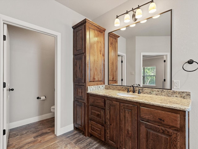 bathroom featuring wood-type flooring, toilet, and vanity