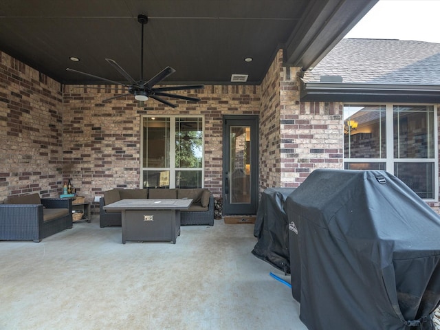 view of patio / terrace with grilling area, an outdoor living space, and ceiling fan