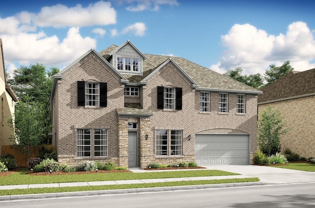 view of front facade featuring driveway, a garage, a shingled roof, stone siding, and brick siding