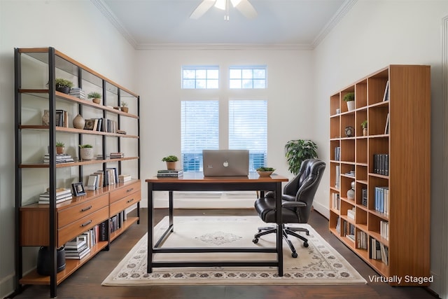 office area with ceiling fan, dark hardwood / wood-style flooring, and crown molding