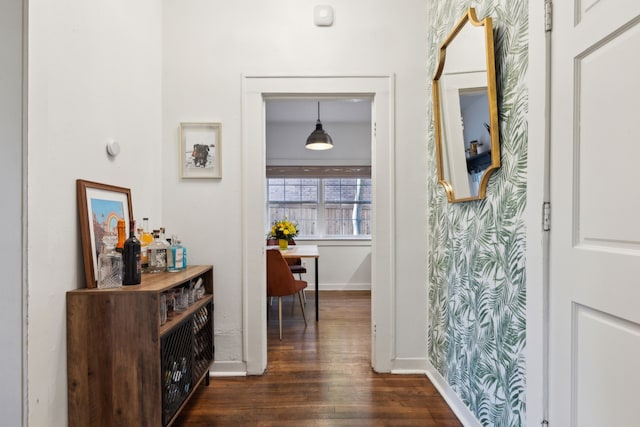 hallway with dark hardwood / wood-style floors