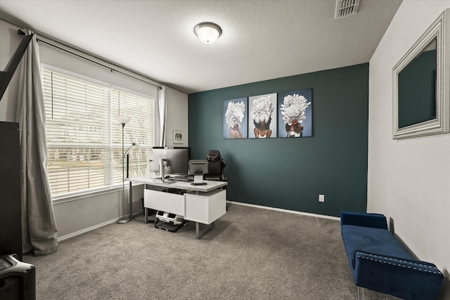 carpeted office space with a textured ceiling