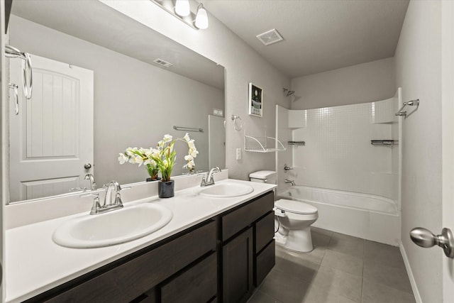 full bathroom with toilet, tile patterned floors, tub / shower combination, and vanity