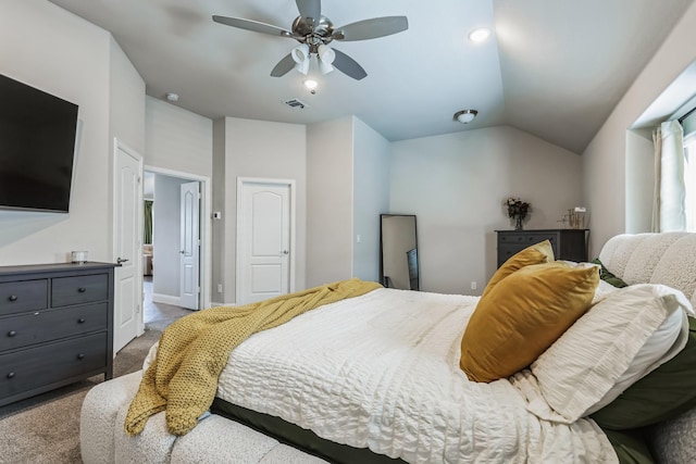 carpeted bedroom featuring ceiling fan and lofted ceiling