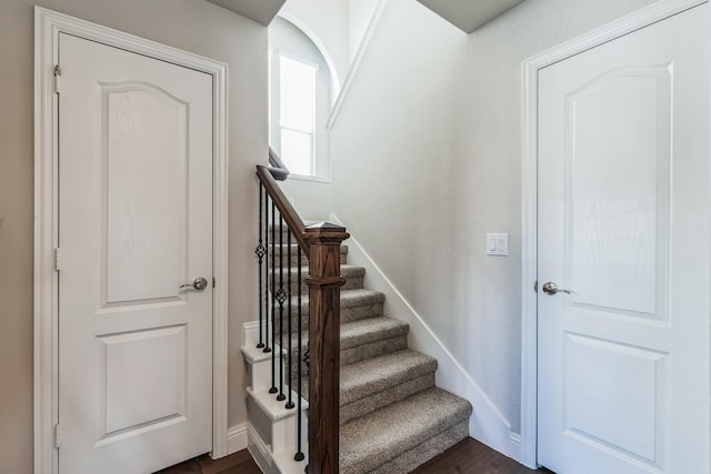 staircase with hardwood / wood-style floors