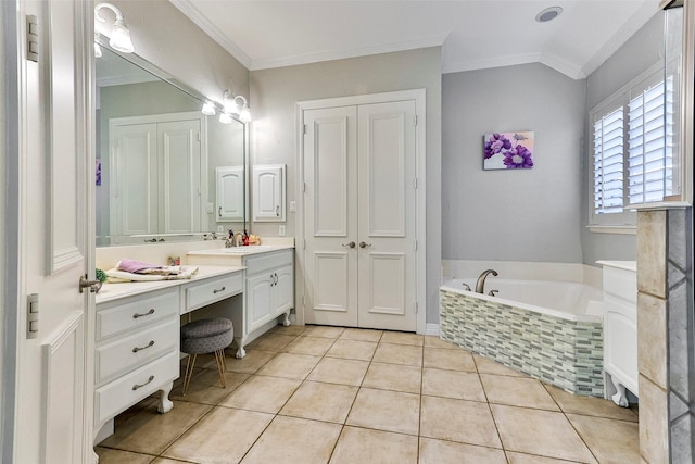 bathroom with tile patterned flooring, vanity, a relaxing tiled tub, and crown molding