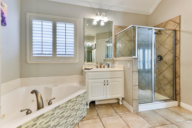 bathroom featuring ornamental molding, vanity, plus walk in shower, and tile patterned flooring