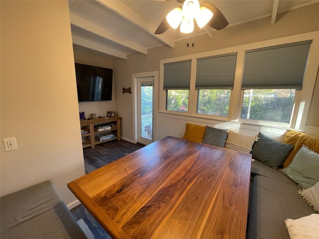 dining space with ceiling fan, plenty of natural light, and beam ceiling