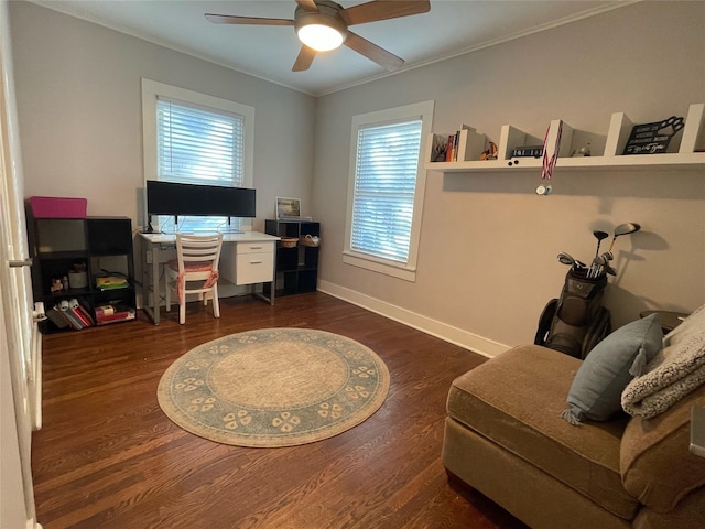 office area with ceiling fan, dark hardwood / wood-style flooring, and ornamental molding