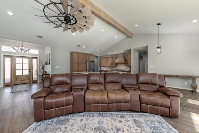 living room featuring beamed ceiling, an inviting chandelier, high vaulted ceiling, and light hardwood / wood-style flooring