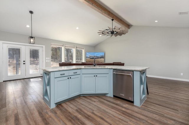 kitchen with pendant lighting, sink, dark wood-type flooring, dishwasher, and a center island with sink