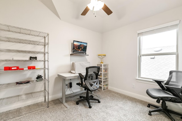 home office with ceiling fan and carpet flooring