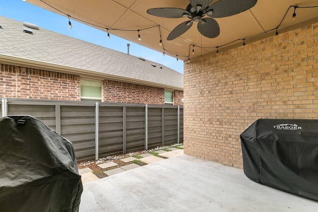 view of patio featuring ceiling fan and grilling area