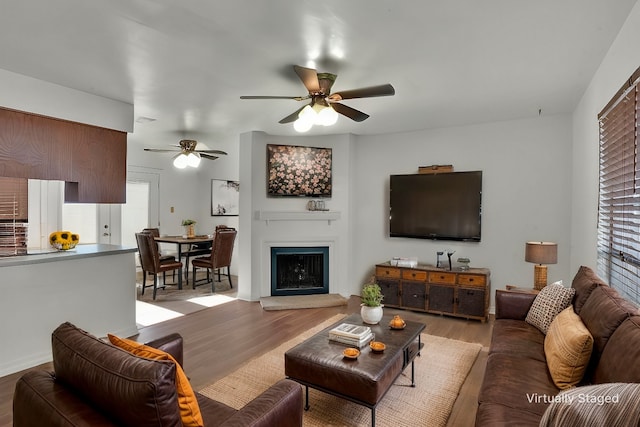 living room with ceiling fan and light hardwood / wood-style floors