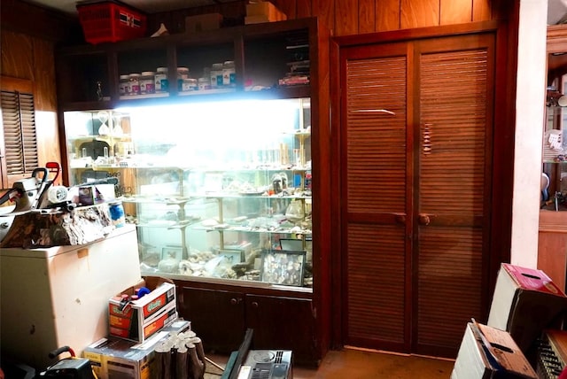 kitchen featuring wood walls