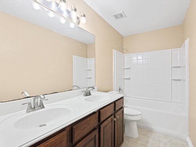 full bathroom with toilet, tile patterned floors, tub / shower combination, and vanity