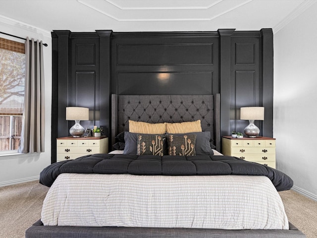 bedroom with multiple windows, crown molding, and carpet flooring