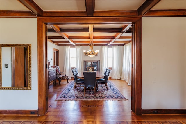 dining space featuring a chandelier, dark parquet flooring, coffered ceiling, and beamed ceiling