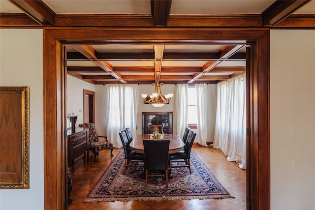 dining area with beamed ceiling, parquet floors, a chandelier, and coffered ceiling