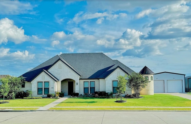 french country style house with a front yard and a garage