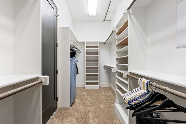 walk in closet featuring light carpet