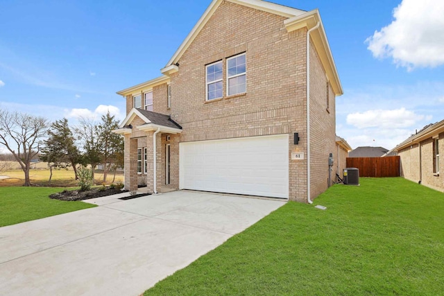 view of front of home with a garage, a front yard, and central air condition unit