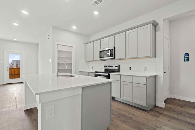 kitchen featuring an island with sink, sink, gray cabinetry, backsplash, and stainless steel appliances