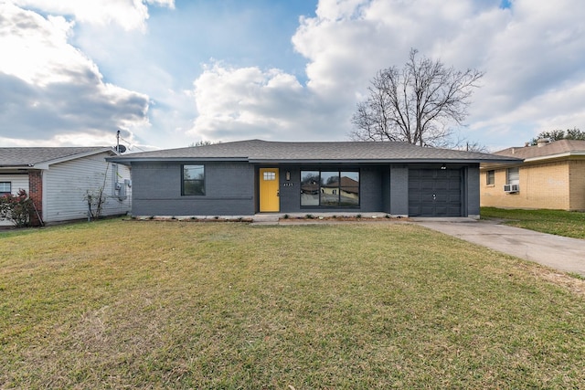 view of front of house with a front lawn, a garage, and cooling unit