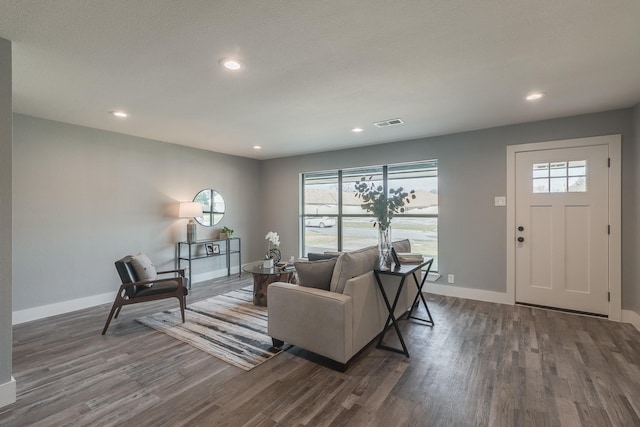 living room with dark hardwood / wood-style floors