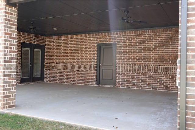 view of patio with ceiling fan and french doors