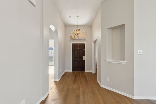 foyer with hardwood / wood-style floors and a high ceiling