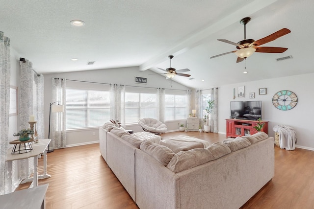 living room with lofted ceiling with beams, ceiling fan, and light hardwood / wood-style flooring