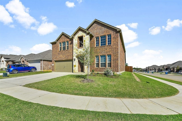 front facade with a garage and a front lawn