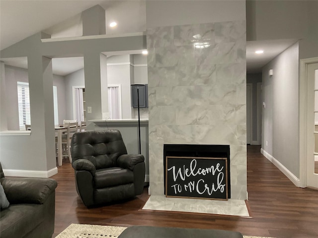 living room with vaulted ceiling, a high end fireplace, and wood-type flooring