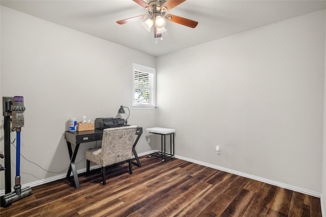 office featuring dark wood-type flooring and ceiling fan