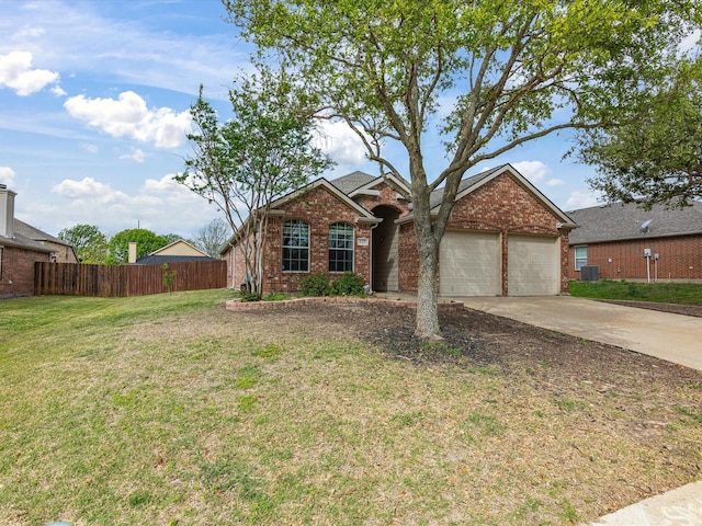 ranch-style house with brick siding, fence, a front lawn, and driveway