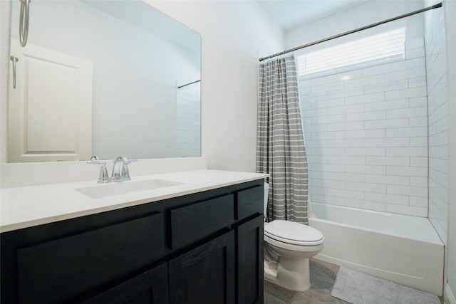 full bathroom with hardwood / wood-style floors, toilet, vanity, and shower / bath combination with curtain