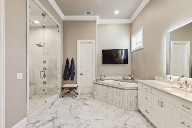 bathroom featuring crown molding, shower with separate bathtub, and vanity