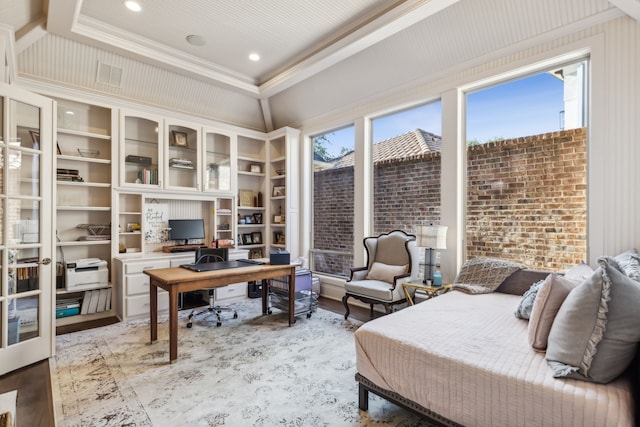 bedroom with crown molding