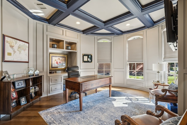 office featuring built in features, beamed ceiling, and coffered ceiling