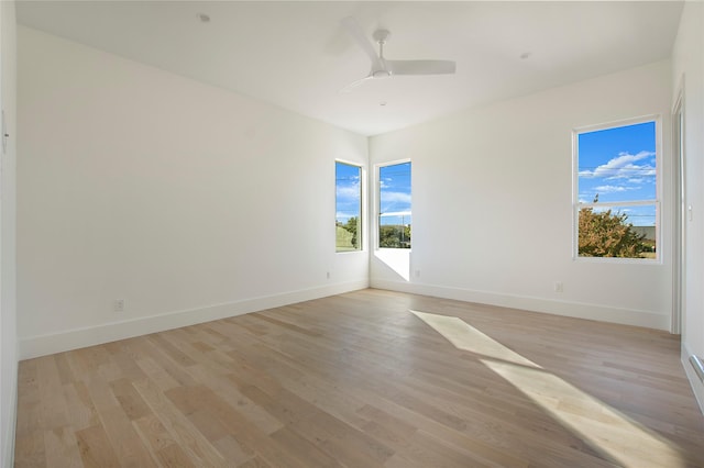 empty room with ceiling fan and light hardwood / wood-style flooring