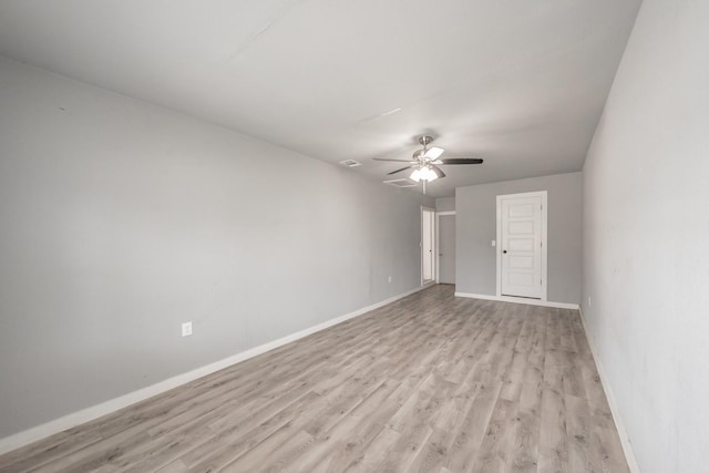 spare room featuring ceiling fan and light hardwood / wood-style flooring