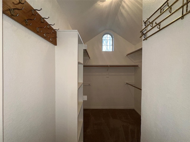 spacious closet with vaulted ceiling and dark carpet