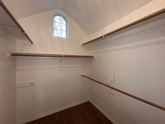 spacious closet with dark wood-type flooring and vaulted ceiling