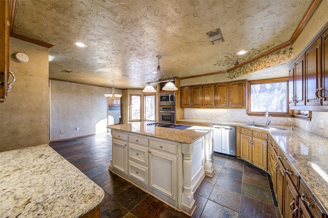 kitchen featuring stainless steel appliances, a center island, pendant lighting, and decorative backsplash