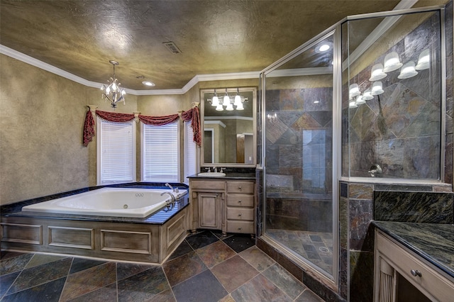 bathroom featuring vanity, separate shower and tub, ornamental molding, and a notable chandelier